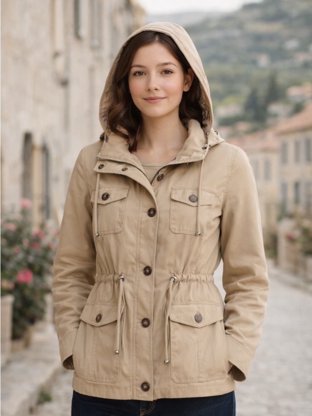 Steve Madden Utility Jacket Hooded Anorak Tan Casual Cinch Waist